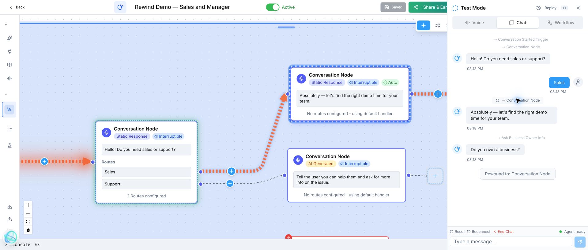 Votel Test Mode showing the corrected response and Rewound to Conversation Node confirmation