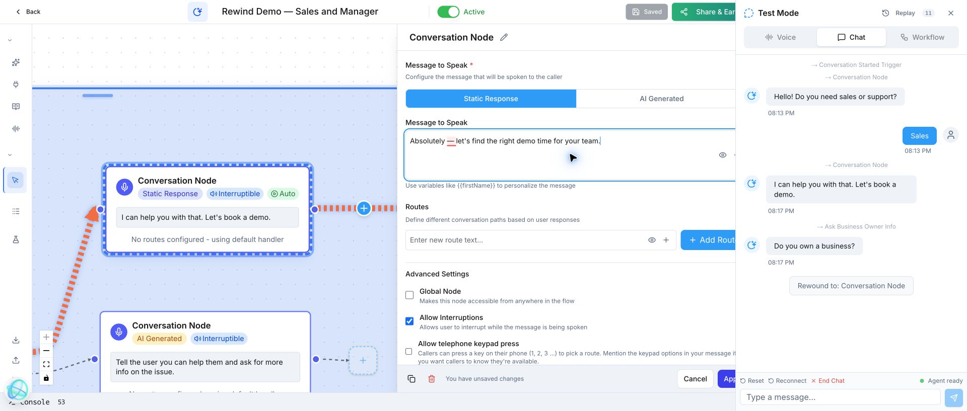 Votel conversation node editor showing revised response copy while the original response remains in Test Mode