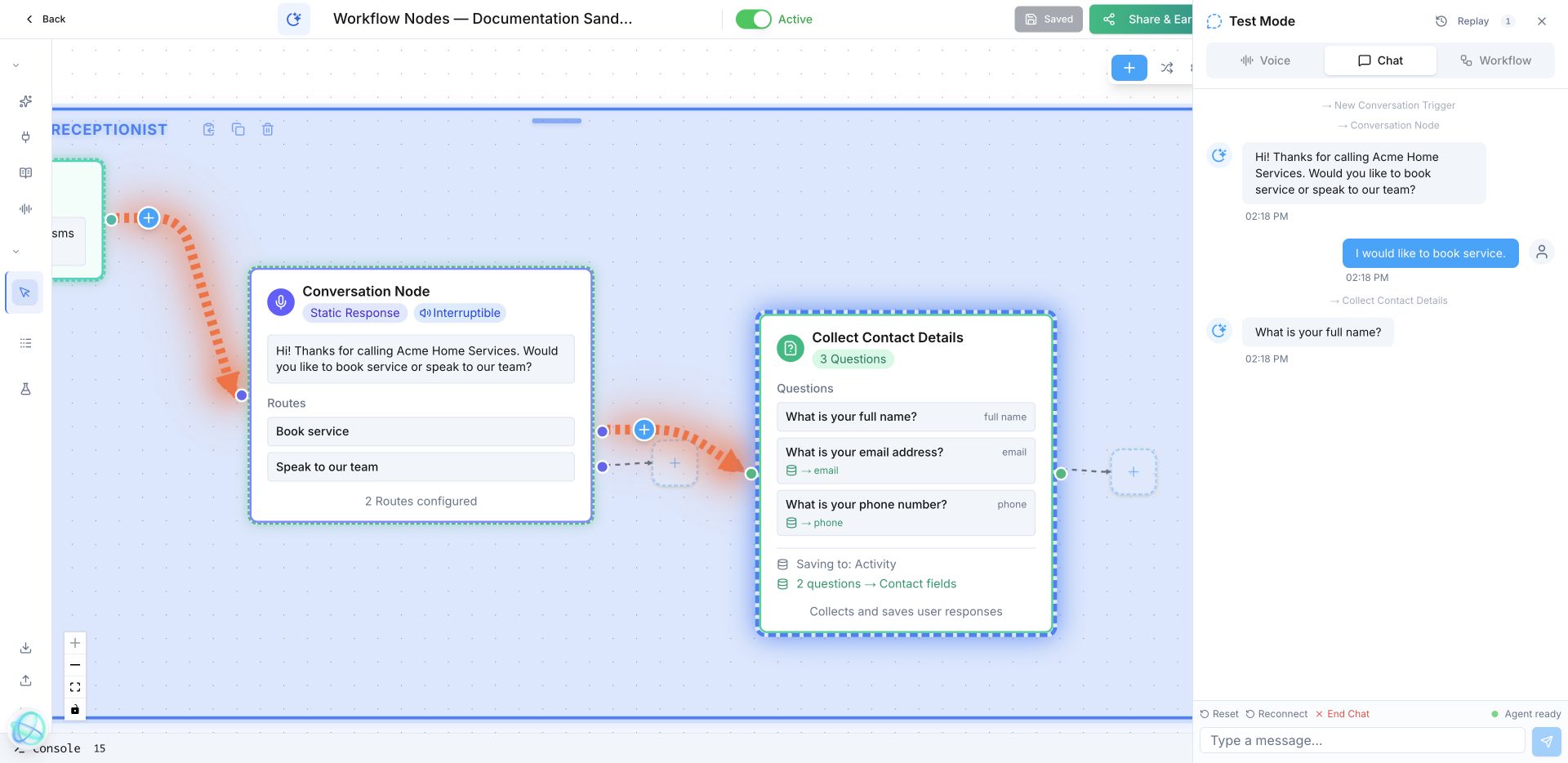 A live simulator run: “Book service” activates Collect Contact Details, and the agent asks for the caller’s full name.