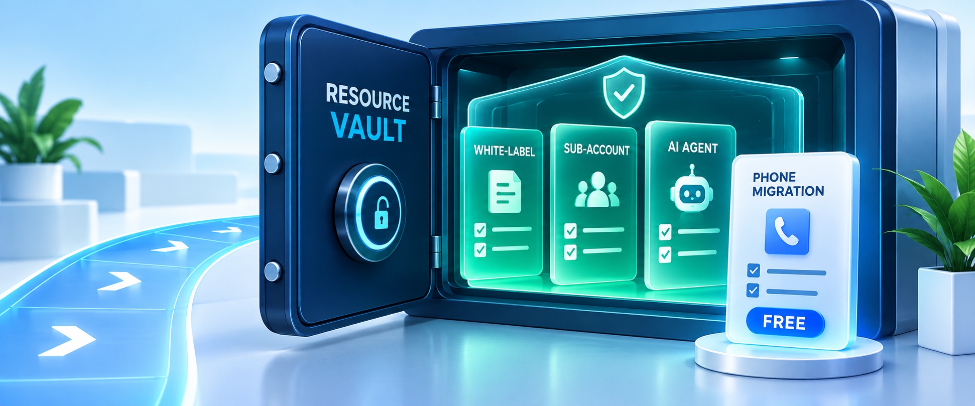 Illustration of the All Things Votel resource vault containing three affiliate setup guides and a free phone migration checklist