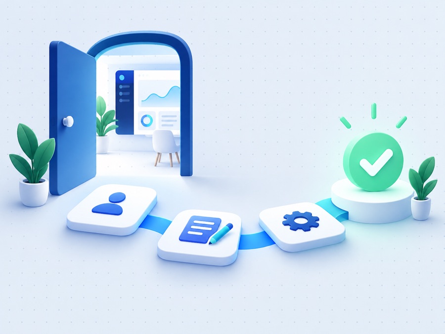 Simple illustrated onboarding path leading through an open door to a completed setup