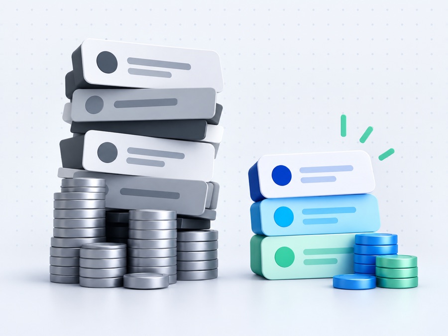 Illustration comparing a large expensive software stack with a simpler efficient stack