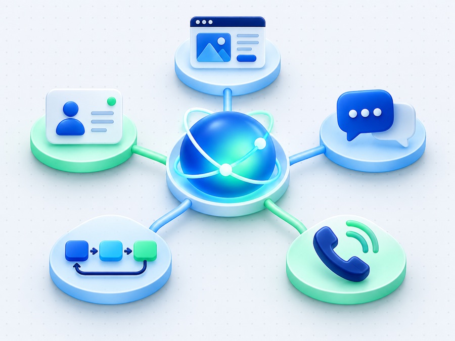 One central AI system connecting a website, CRM, messages, workflows, and phone