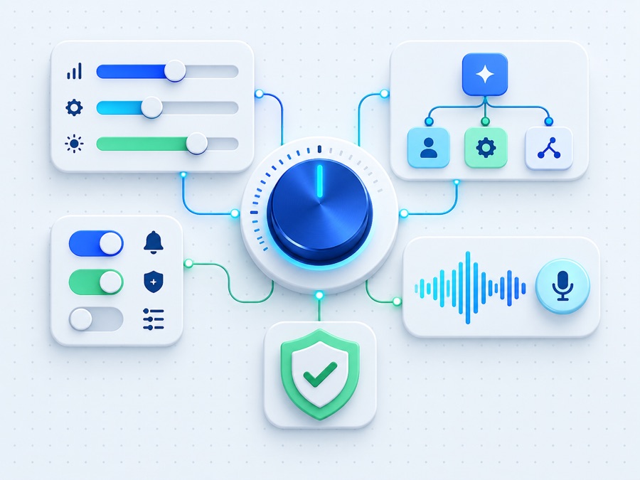 Detailed control panel with sliders, workflow branches, voice controls, and safeguards