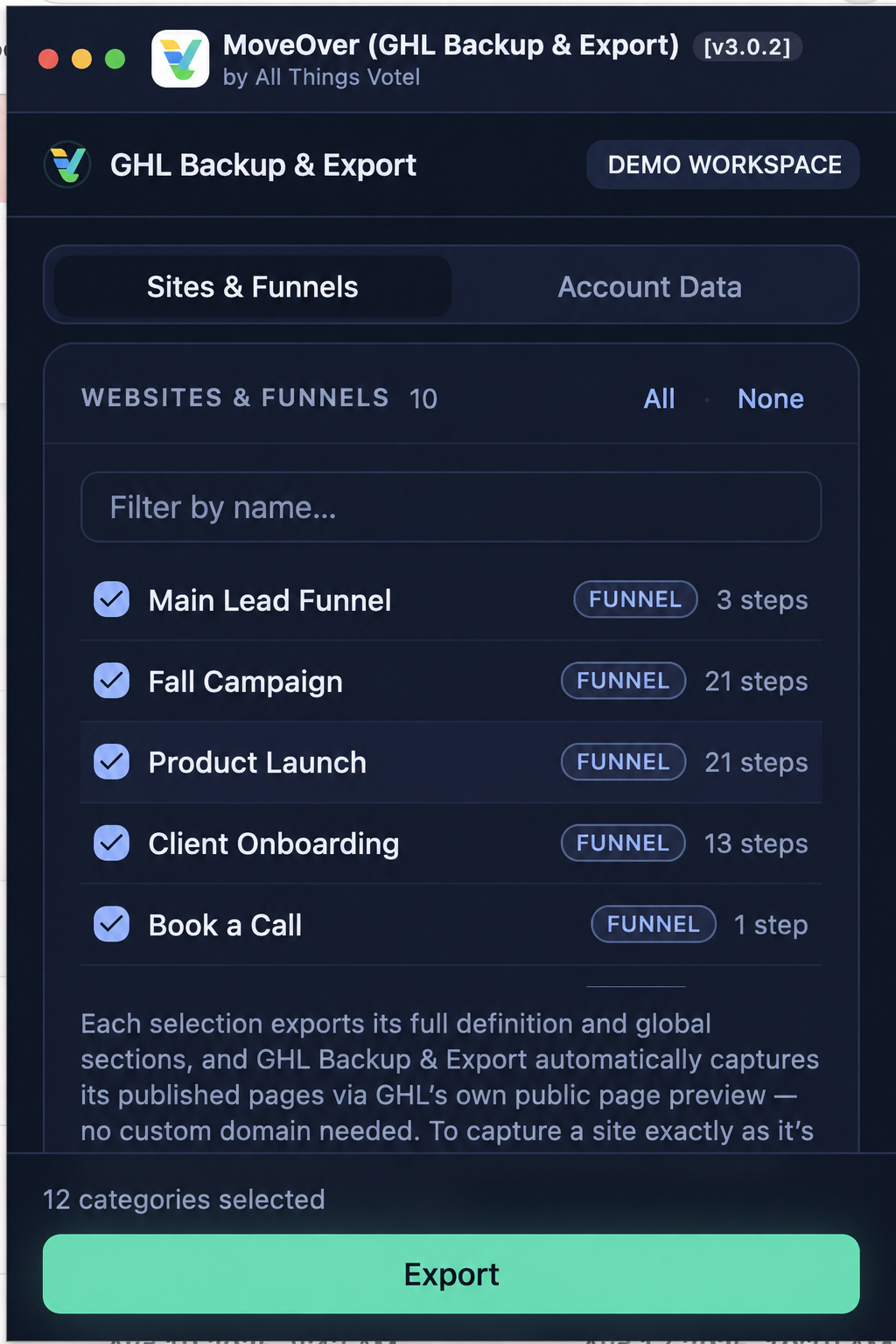 MoveOver Chrome extension showing generic demo funnels and the Export button