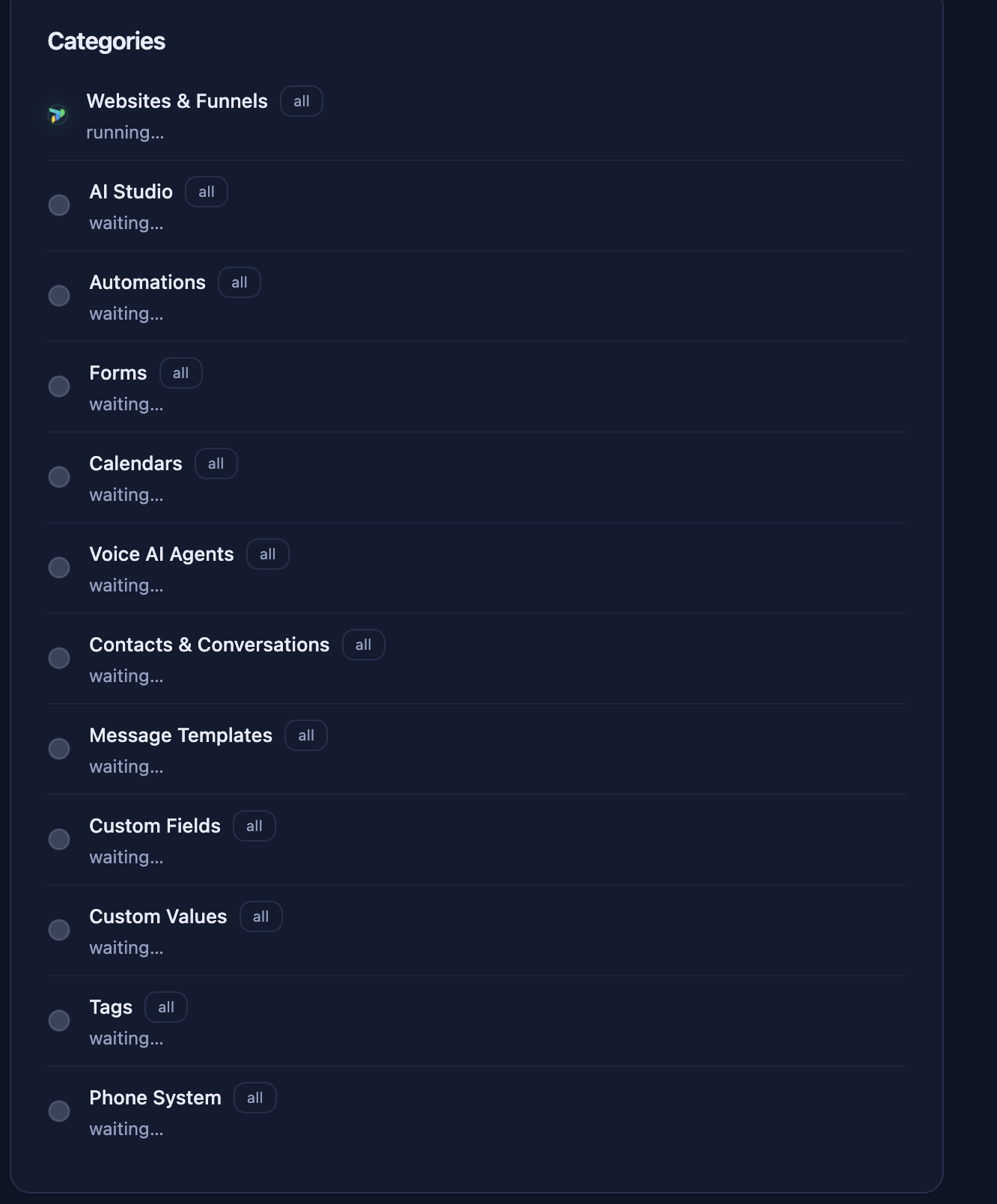 MoveOver export category list including sites, automations, forms, contacts, templates, fields, values, tags, and phone system
