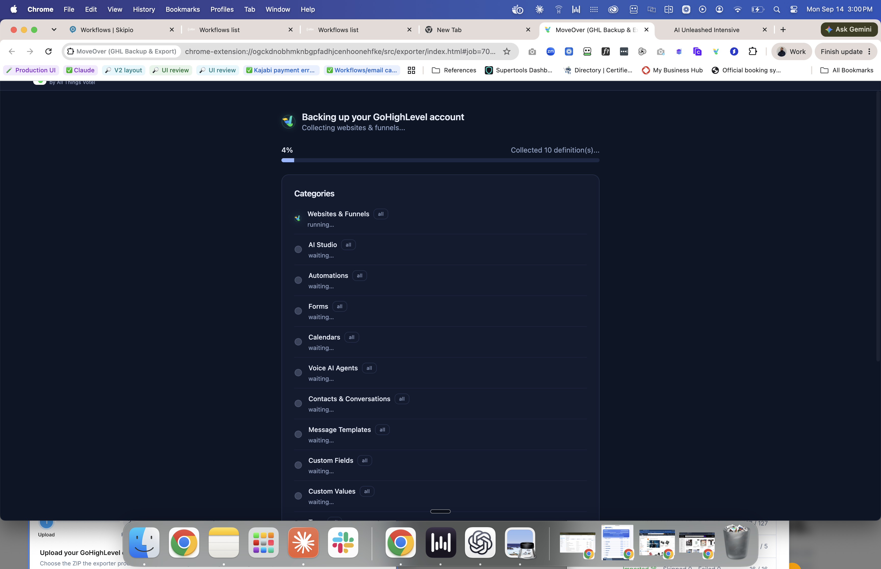 MoveOver export progress with category statuses