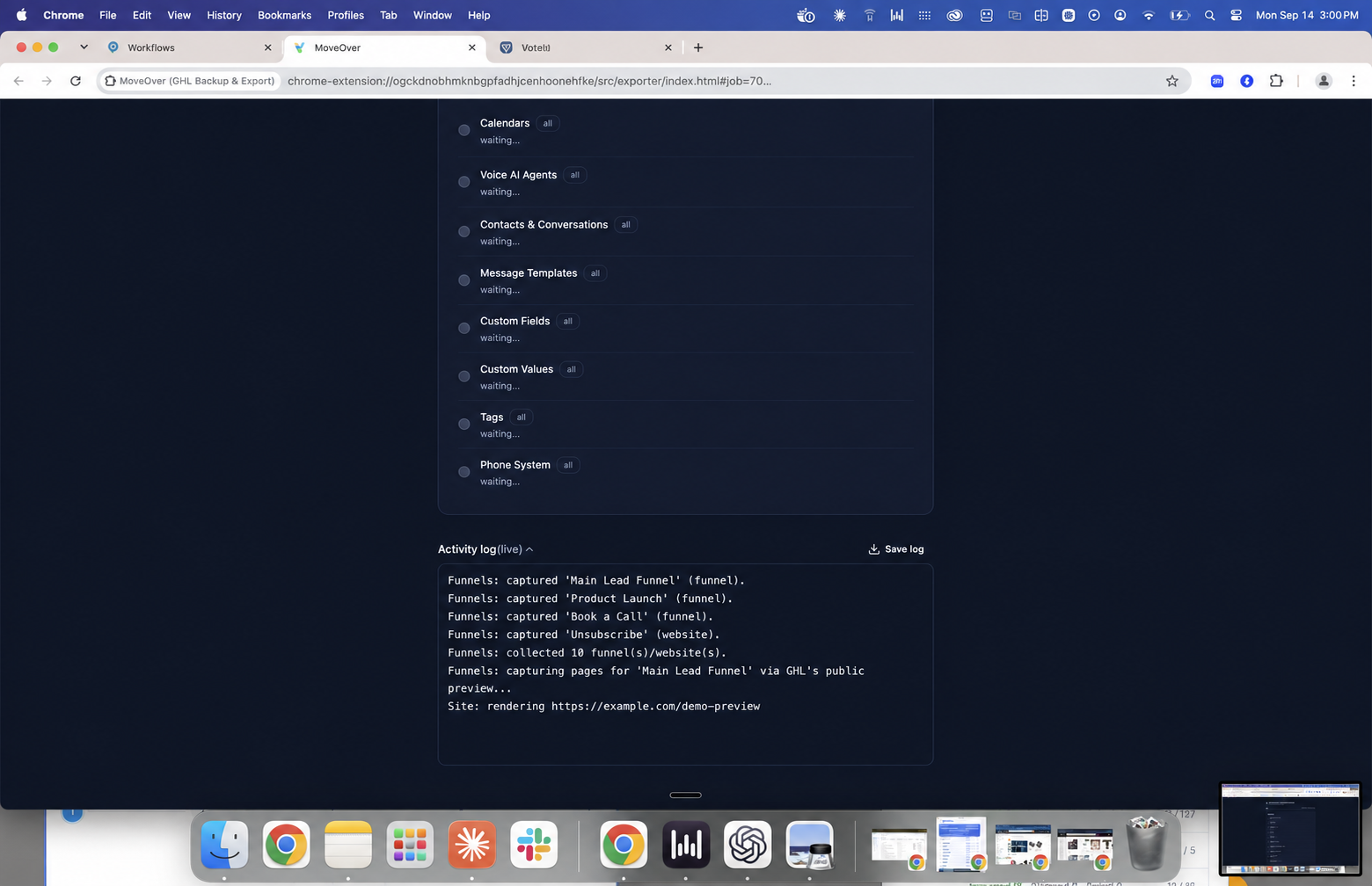MoveOver export activity log containing generic demo asset names