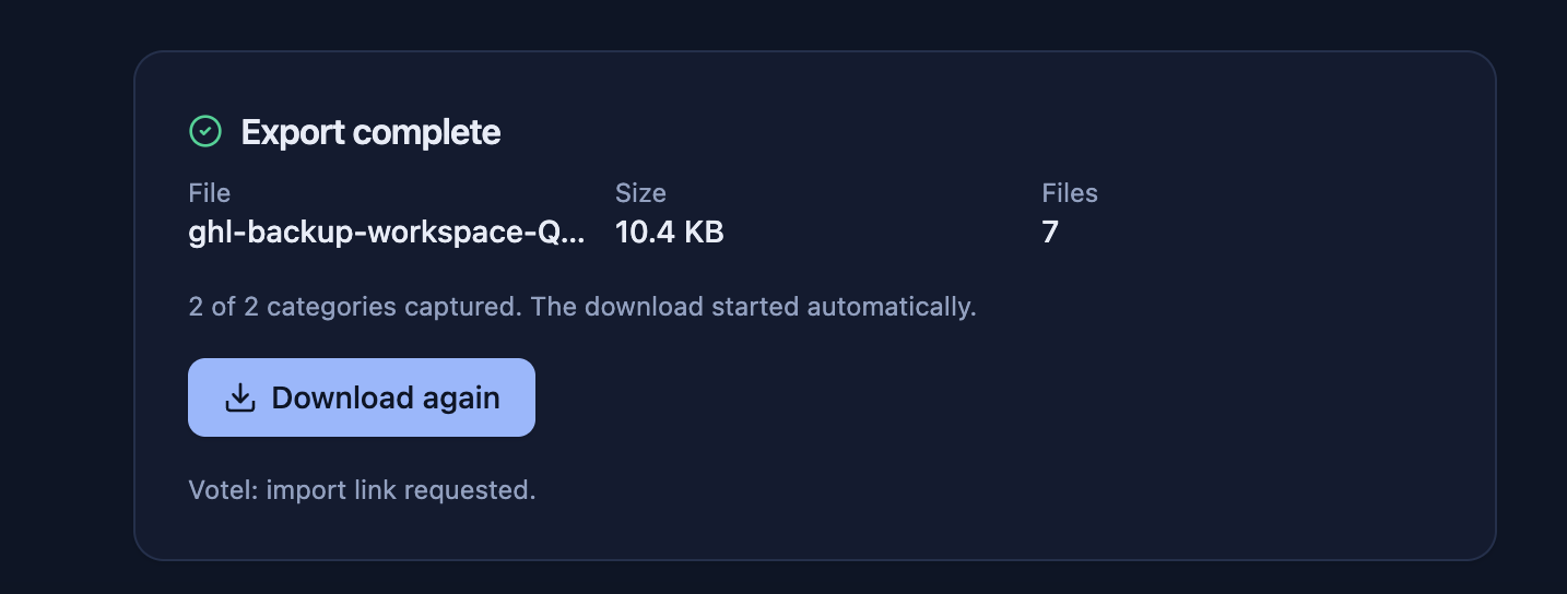MoveOver export complete message and Download again button