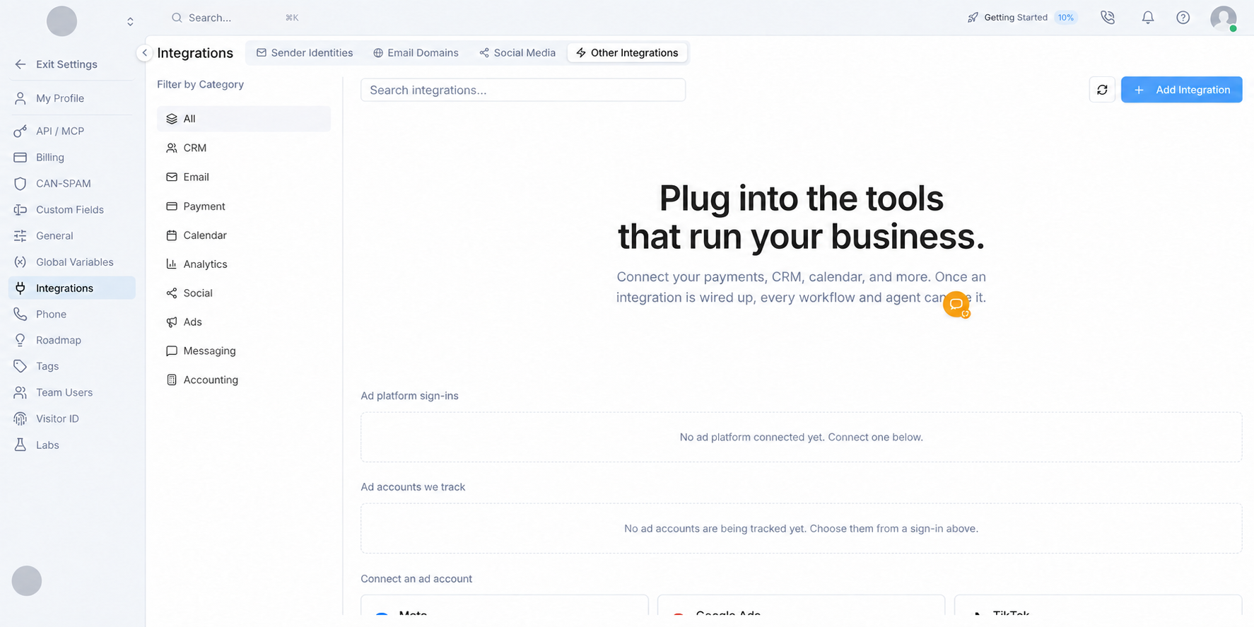 Votel Settings with neutral account placeholders plus Integrations, Other Integrations, and Add Integration