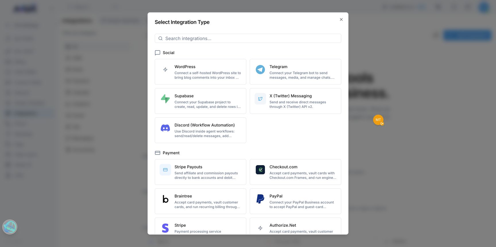 Votel Add Integration dialog