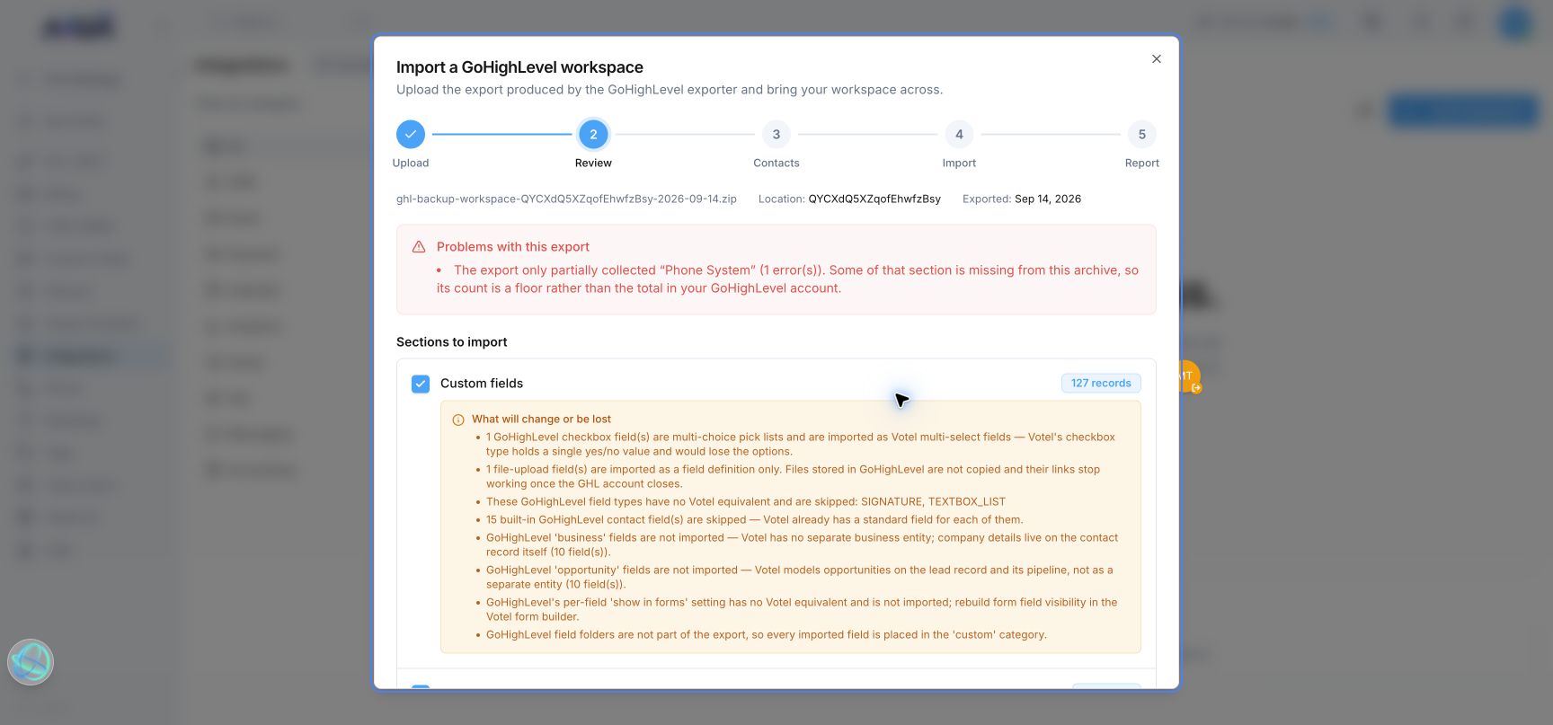 Votel Review phase showing custom field count and change warnings