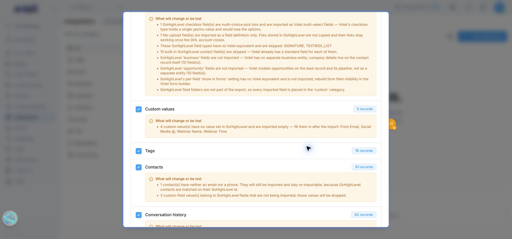 Review sections for custom values, tags, and contacts
