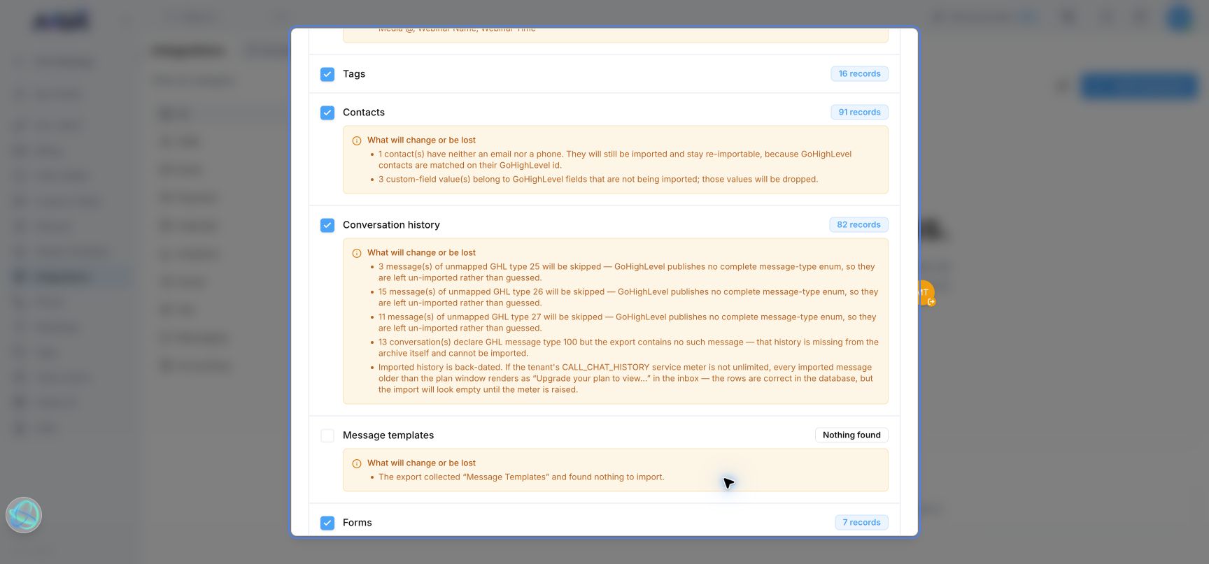 Review sections for conversations and message templates