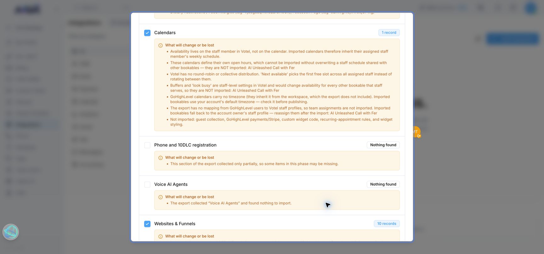 Review sections for calendars, phone system, and voice AI agents