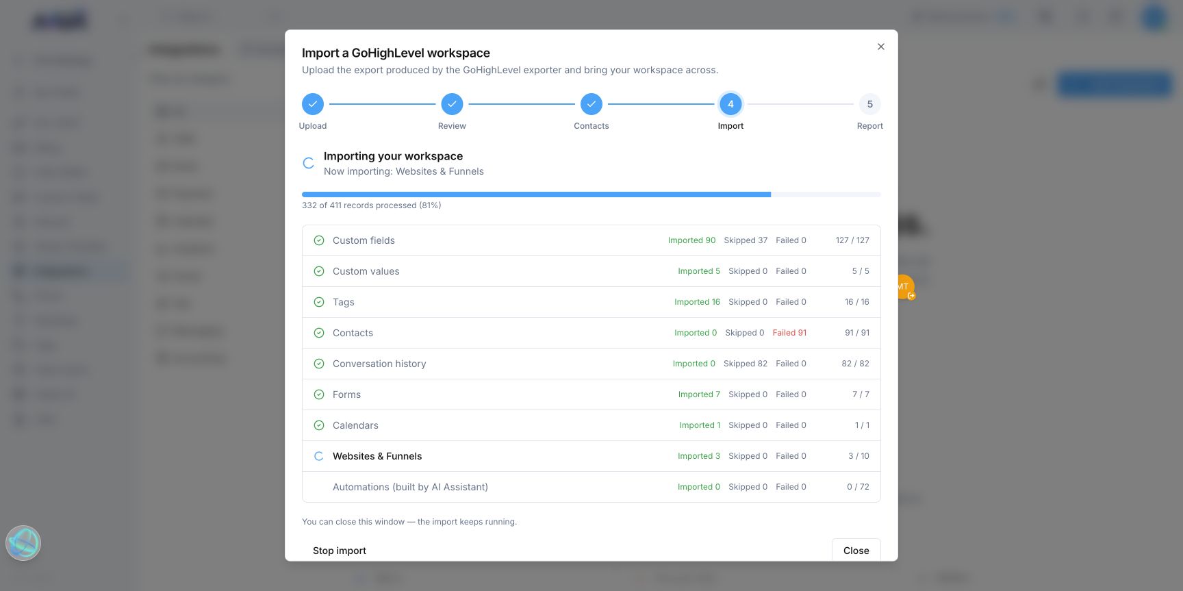 Votel import progress showing completed and current categories
