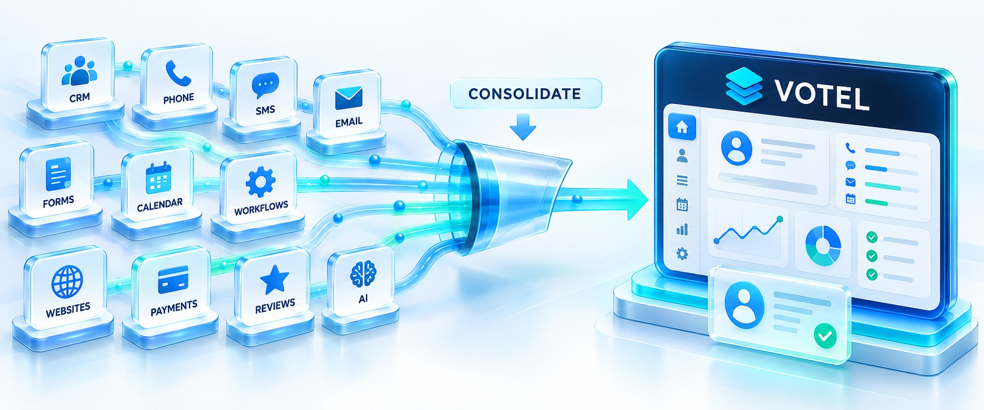 Illustration of separate CRM, phone, messaging, website, workflow and other software tools consolidating into one Votel workspace