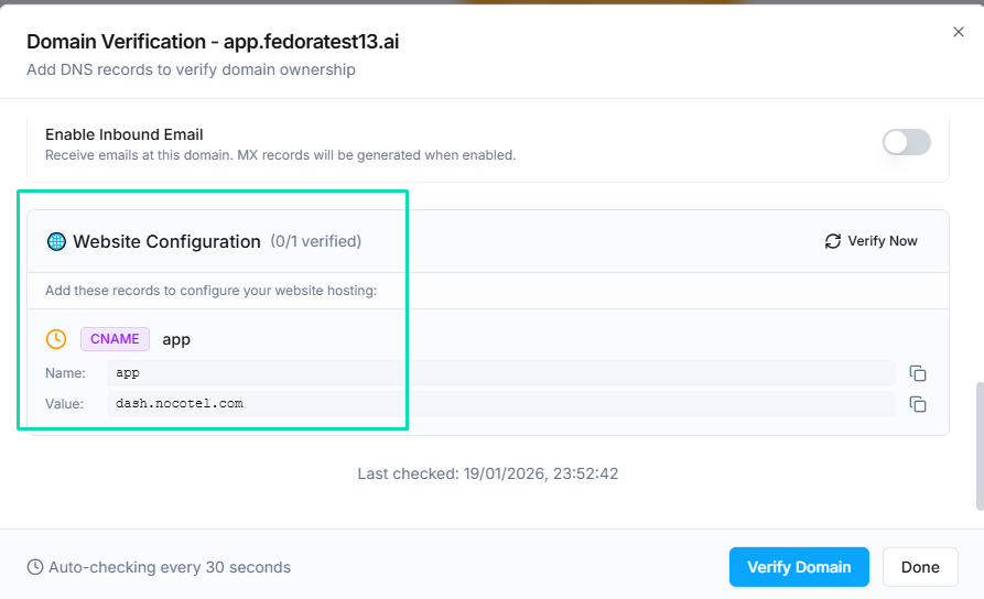Votel custom domain DNS configuration panel