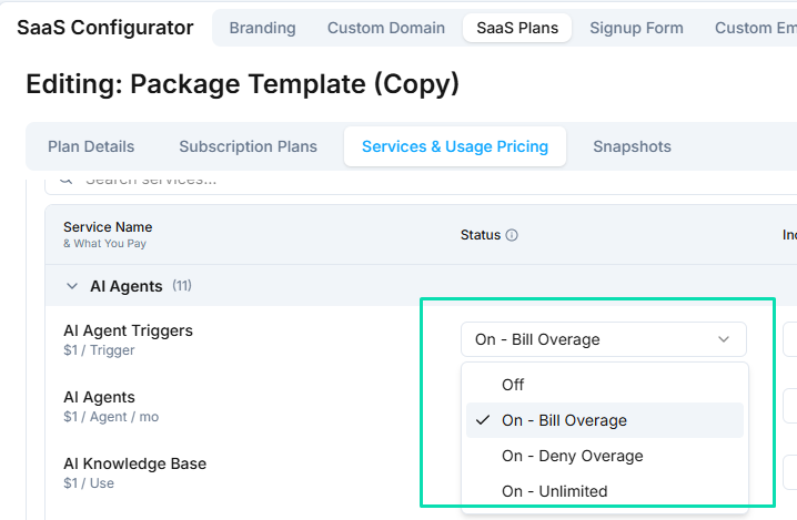 Votel SaaS plan per-service pricing controls