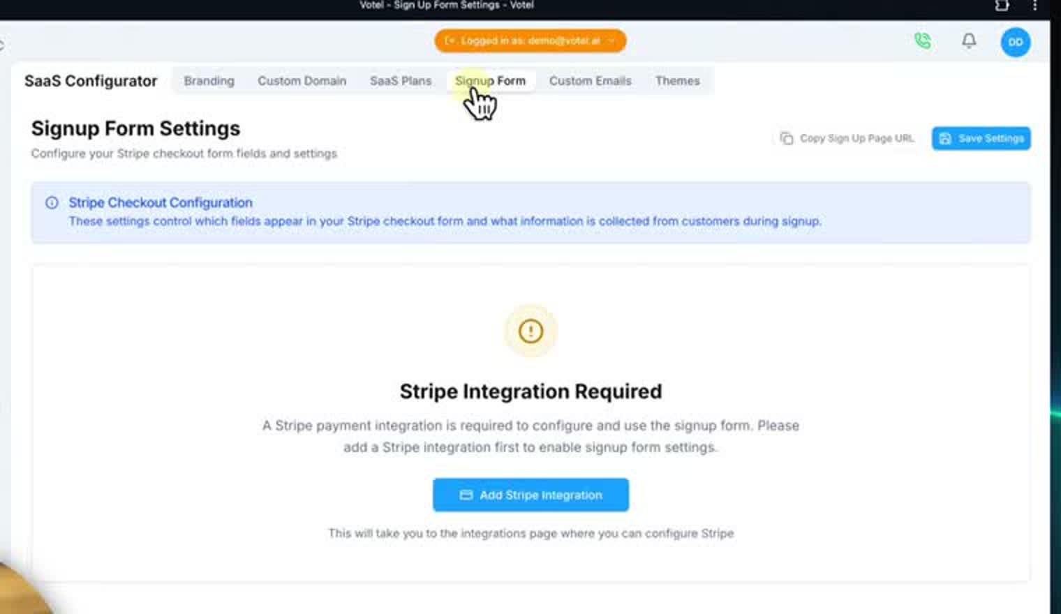 Votel Signup Form Settings showing Stripe integration required