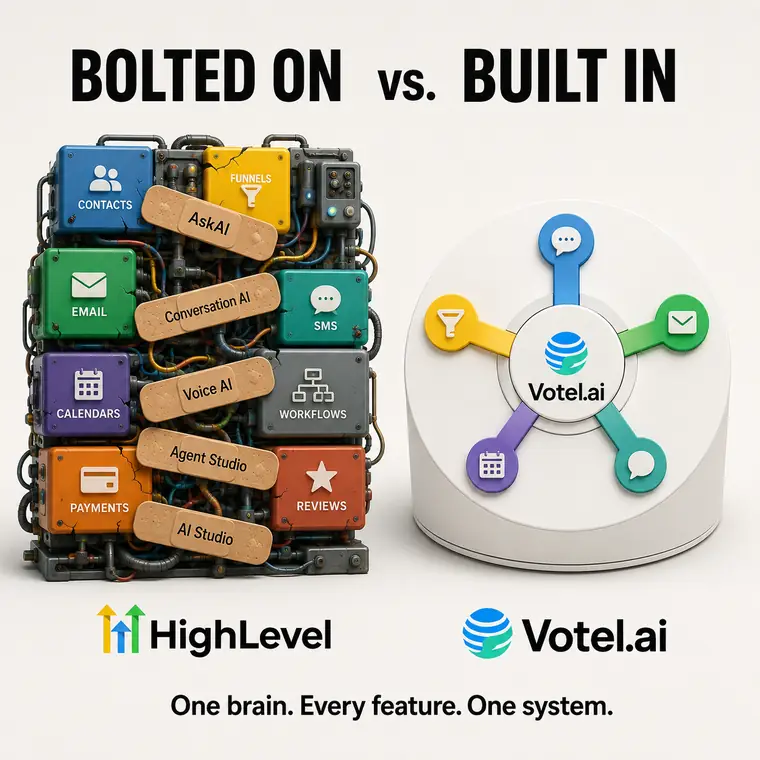 Visual comparison of AI bolted onto a platform versus AI built into its foundation
