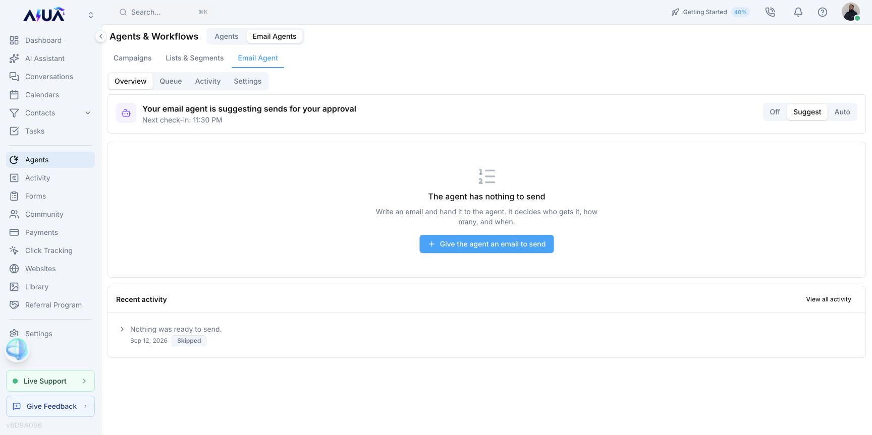 Votel email agent overview showing suggested sends for approval