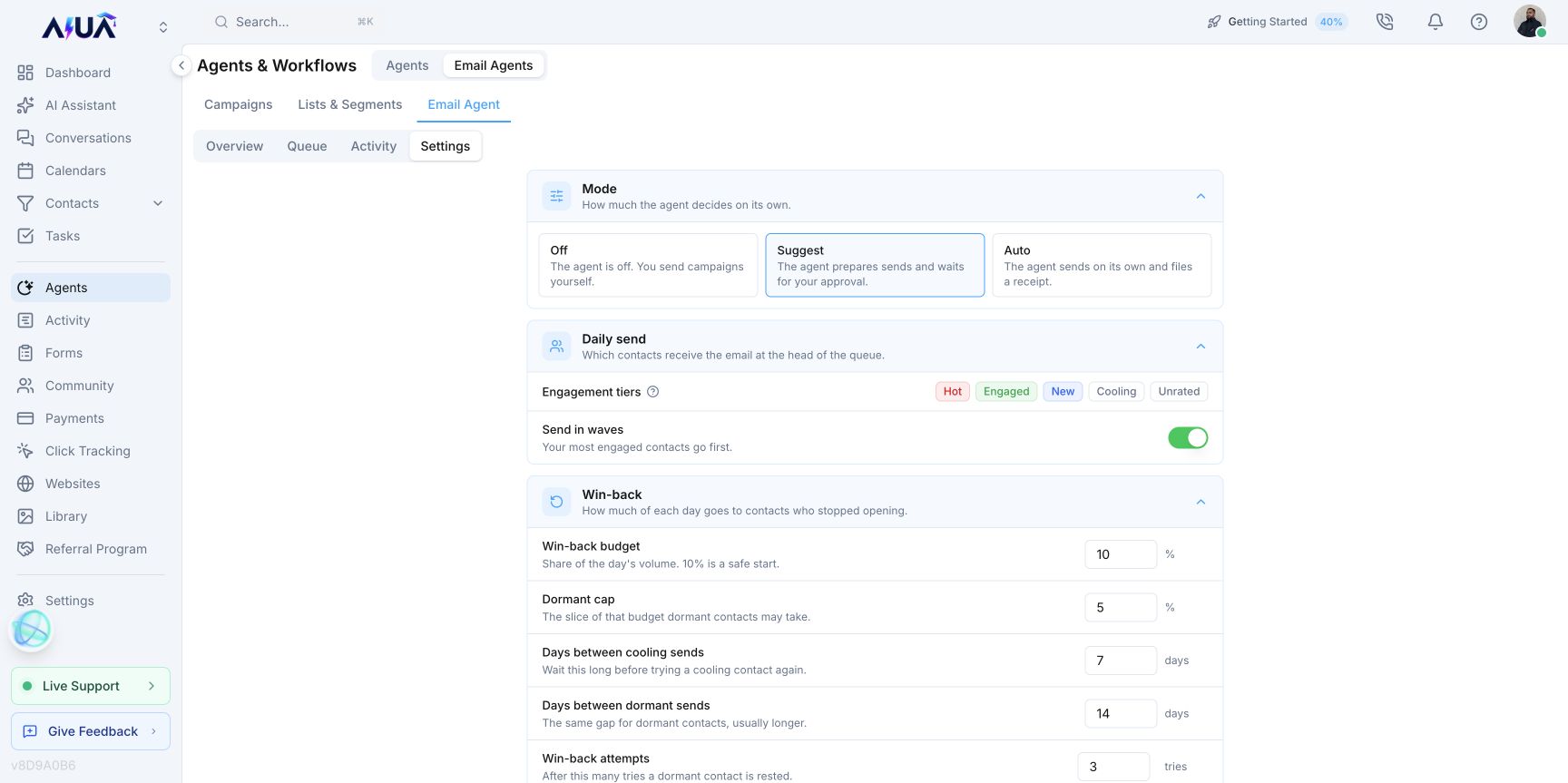 Votel email agent settings with Suggest and Auto modes, engagement tiers, send waves, and win-back controls