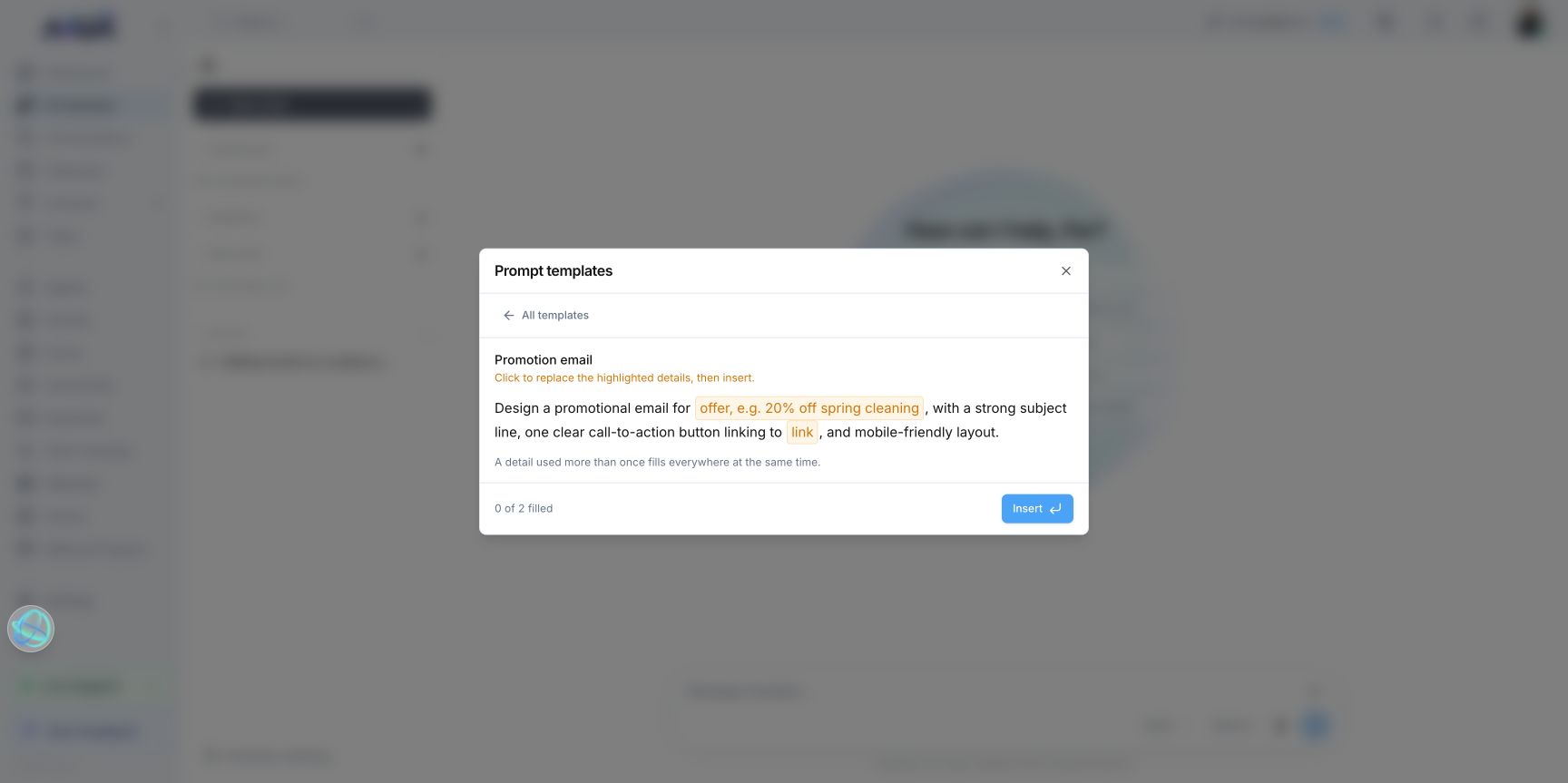 Votel AI Assistant guided setup for a promotional email
