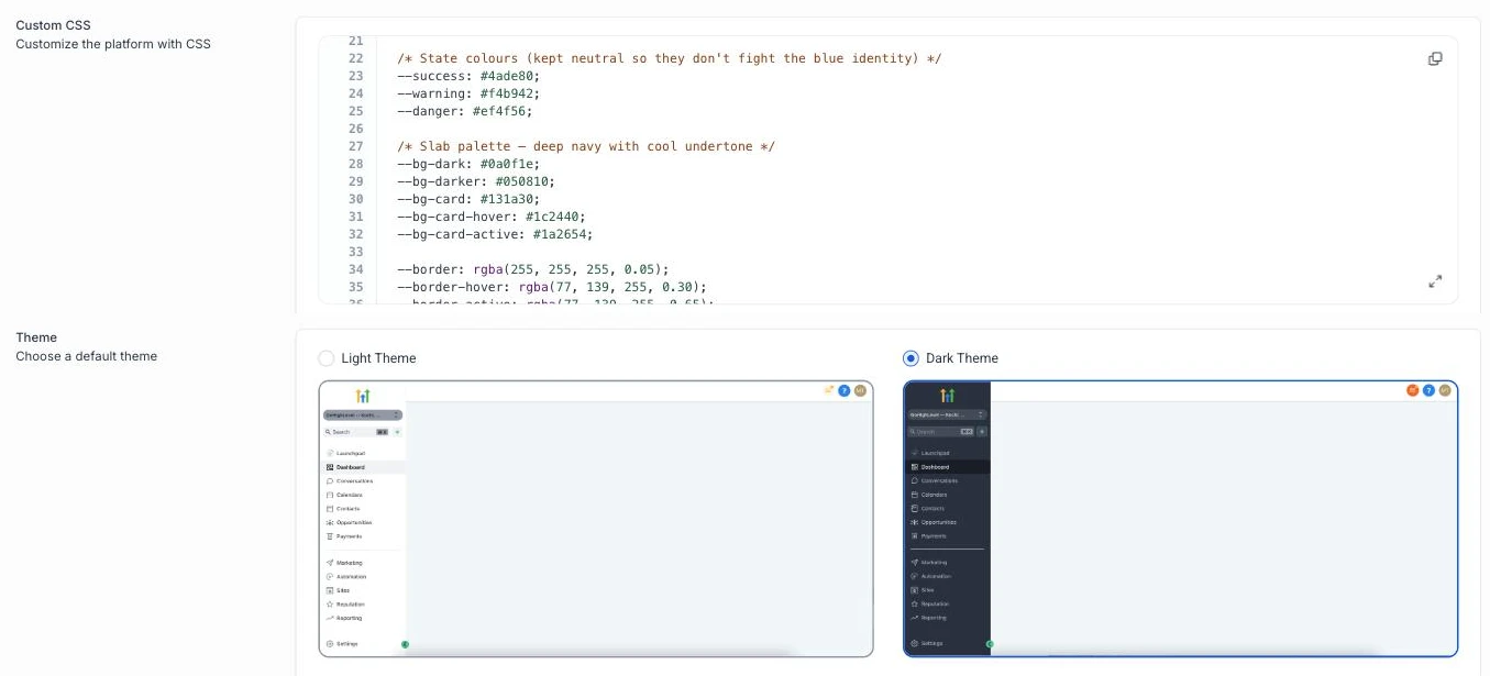 HighLevel custom CSS editor